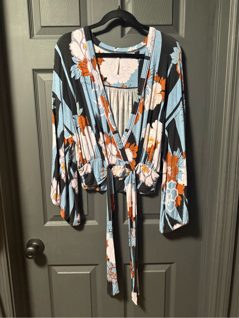 Free People Blue Floral Wrap Blouse with Orange Accents